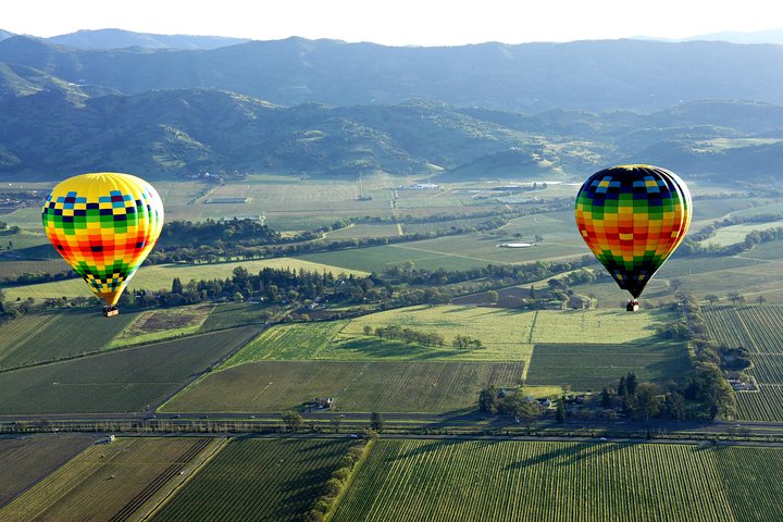 Hot air balloons over Napa Valley vineyards